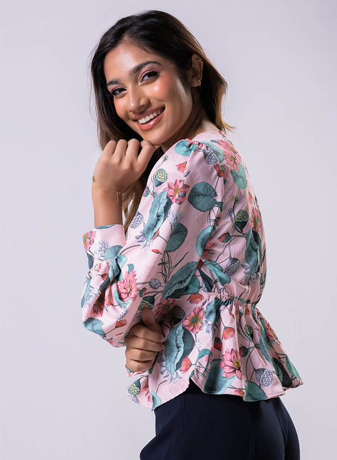 Long Sleeve V Neck Chiffon Printed Top